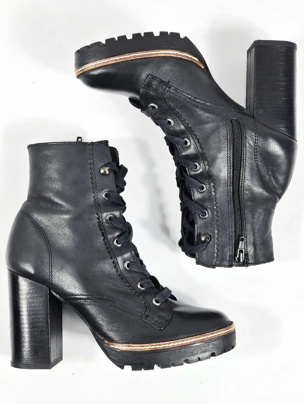 Chelsea & Violet Lexie Black Leather Lace-Up Block Heel Lug Sole Ankle Boot - Picture 11 of 16